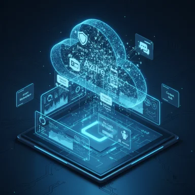 Futuristic holographic Azure cloud with floating data panels and dashboards.