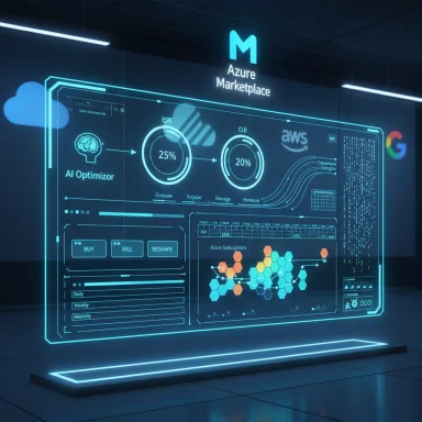 A futuristic holographic Azure Marketplace dashboard featuring AI optimizer analytics.