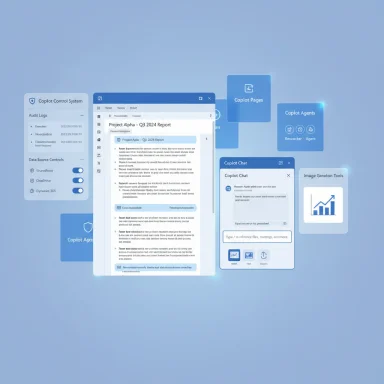 Floating Copilot UI cards show apps and chat panels on a blue gradient background.