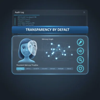 A futuristic holographic UI labeled 'Transparency by Default' shows a memory graph, audit log, and a blue avatar.