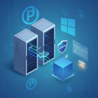 A futuristic data center with servers, a digital handshake, and cybersecurity icons.