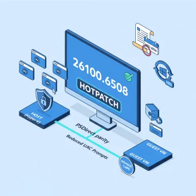 Isometric illustration of a HOTPATCH platform coordinating host and guest VMs with security and parity features.