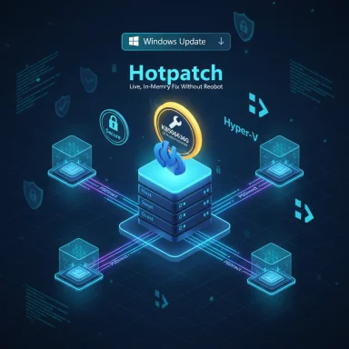 Neon data-center hub connects to glowing nodes, featuring Windows Update and Hotpatch.