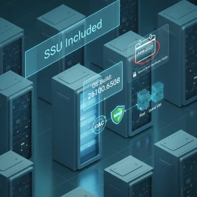 Futuristic data center with holographic dashboards showing OS build details and June 2026 calendar.