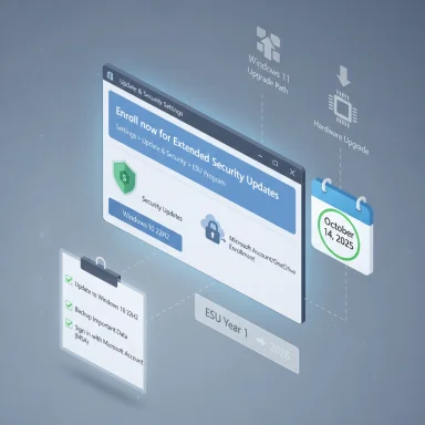 Isometric infographic showing Windows Extended Security Updates enrollment and upgrade paths.