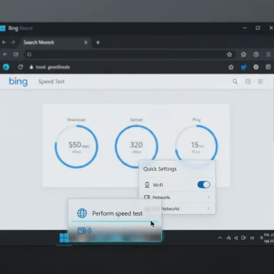A Windows desktop screen shows a Bing speed test with download 550 Mbps, upload 320 Mbps, and 15 ms ping.