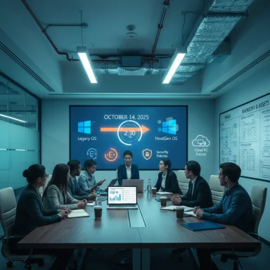 Team of professionals in a boardroom watches a presentation about moving from Legacy OS to NextGen OS.