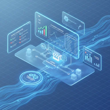 A futuristic blue holographic data dashboard displaying charts and cloud analytics.