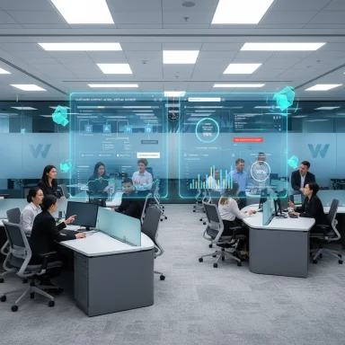 A modern office with glowing holographic data dashboards hovering over a collaborative workspace.