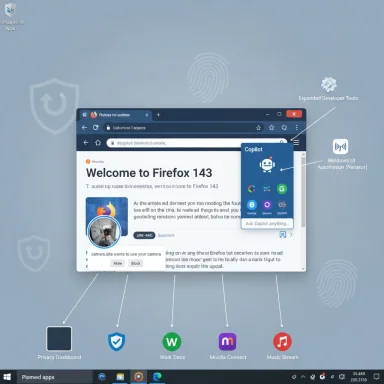 Windows desktop showing a Firefox window with Copilot, plus app shortcuts like Privacy Dashboard, Work Docs, Mozilla Connect, and Music Stream.