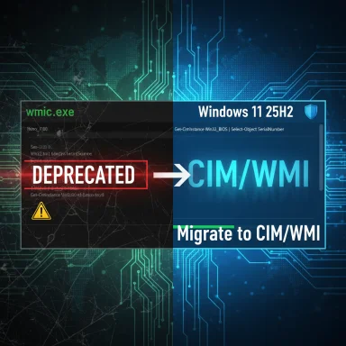 WMIC.exe deprecated; migrate to CIM/WMI in Windows 11 25H2.