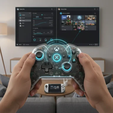 Hands grip a glowing, holographic Xbox controller as a game plays on a large screen.