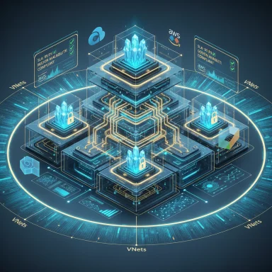 A high-tech, multi-layered data-center schematic with glowing blue crystal cores and network rings.