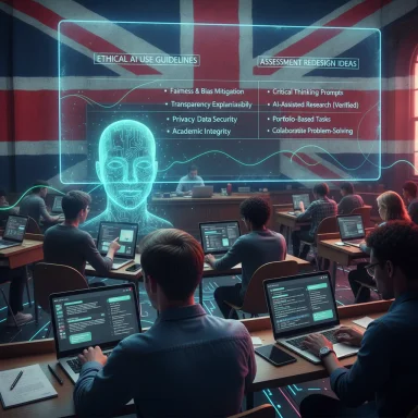 Students work on laptops in a futuristic classroom as a holographic AI briefing displays guidelines.