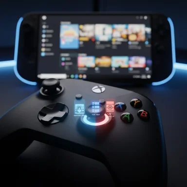 Close-up of an Xbox controller with illuminated buttons, in front of a glowing game screen.