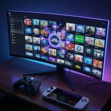 A curved monitor displays a neon-lit game library with a controller and handheld console on a desk.