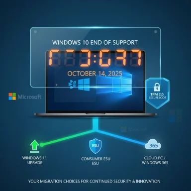 Windows 10 end of support; migrate via Windows 11 upgrade, ESU, or Cloud PC/Windows 365.