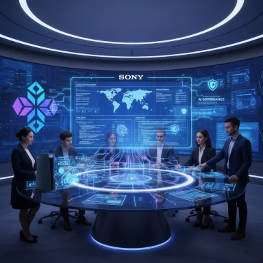 Futuristic Sony command room with a glowing circular holographic table and wall-sized digital displays.