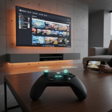 A game controller rests on a table in a modern living room as a TV displays games in the background.