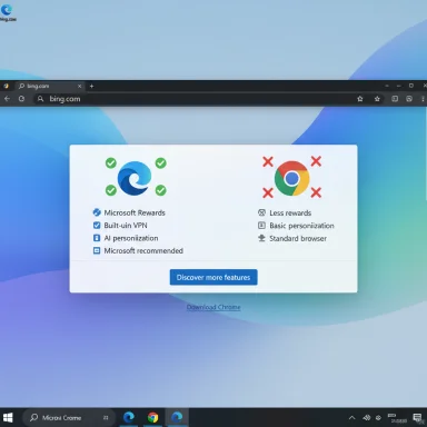 A Bing page shows a feature comparison modal: Edge vs Chrome with Edge advantages highlighted.