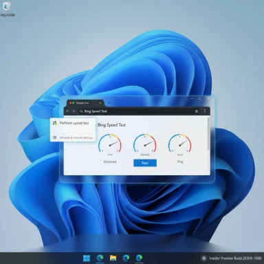 Windows 11 desktop featuring a Bing Speed Test window with download, upload, and ping gauges over a blue abstract wallpaper.