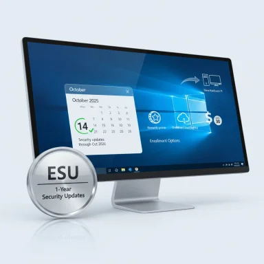 Monitor shows Windows desktop with a calendar pop-up and an ESU security updates badge.
