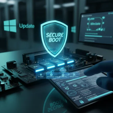 A glowing SECURE BOOT shield hovers above a motherboard in a high-tech setup.