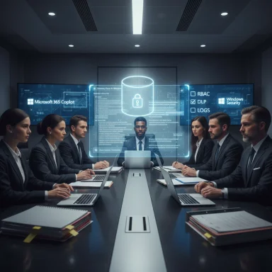 A team of professionals in a cybersecurity briefing around a conference table with a holographic security dashboard.
