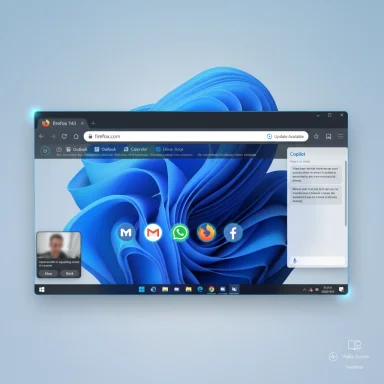 A 3D-rendered floating desktop window shows Firefox on a blue abstract wallpaper with app icons.