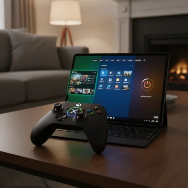 Xbox controller rests on a coffee table with a Windows tablet open in a cozy living room.