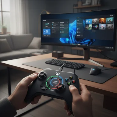 Person gaming with an Xbox-style controller in front of a PC with a large monitor displaying Windows UI.