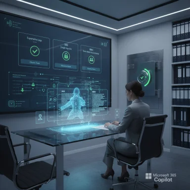A woman in a suit sits at a glass desk in a high-tech control room, reviewing holographic data.