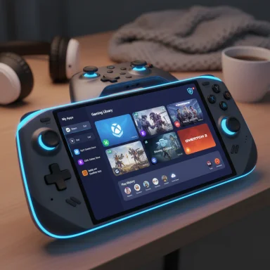 A handheld game console sits on a desk, glowing with blue LEDs and a game-library screen.