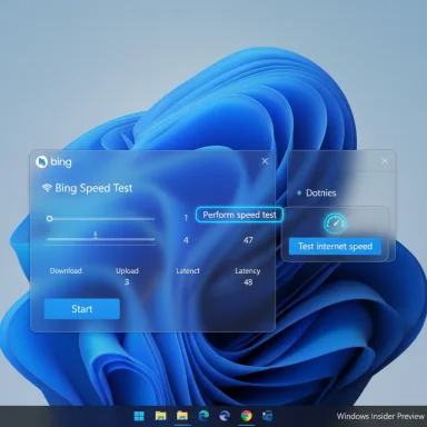 Windows desktop with translucent Bing speed test widgets floating over a blue wallpaper.