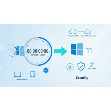 Infographic showing upgrade path to Windows 11 with security features like TPM 2.0 and Secure Boot.