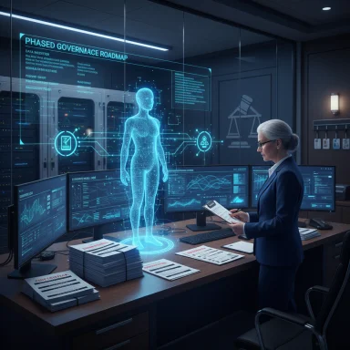 A businesswoman studies a holographic human model in a high-tech control room.