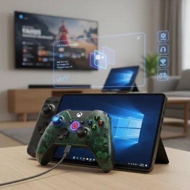 A tablet in laptop mode displays a translucent AR HUD while a wired game controller rests on it.