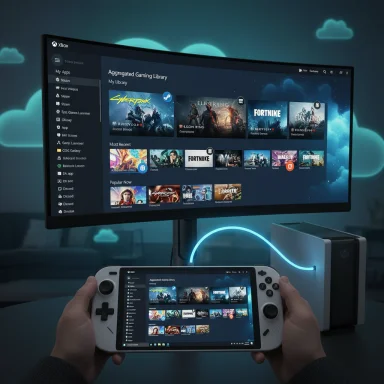 Gamer browses a cloud gaming library on a large monitor using a handheld gaming device.