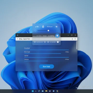 Windows 11 desktop with a blue speed-test window displaying download, upload, and latency bars.