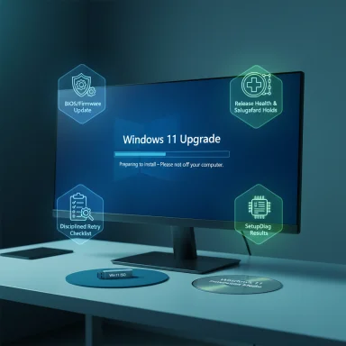Windows 11 upgrade in progress on a monitor, with holographic diagnostic icons around it.
