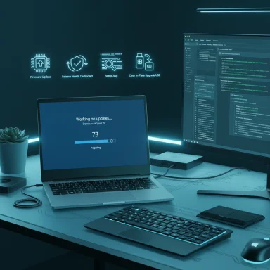 Futuristic workstation with a laptop updating at 73%, a code-filled monitor, and neon upgrade icons.