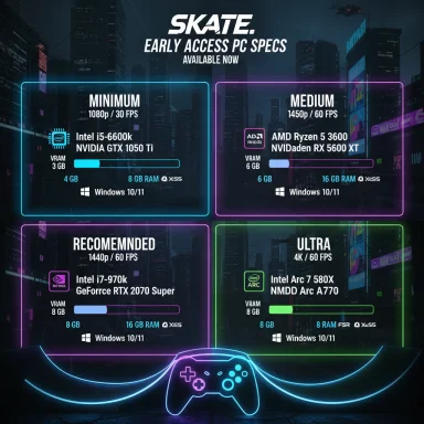 Neon skate-themed PC specs chart showing Minimum, Medium, Recommended and Ultra hardware.