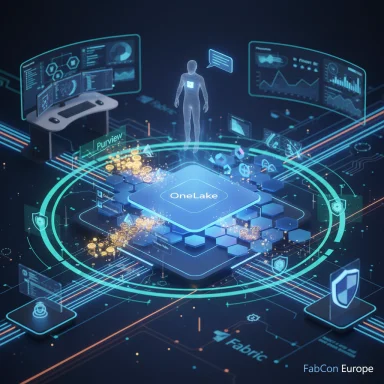 Futuristic data hub centered on OneLake with holographic screens, rings, and a digital human.