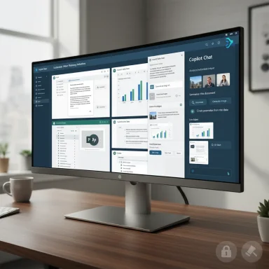 A modern monitor on a wooden desk displays a blue, multi-panel dashboard.