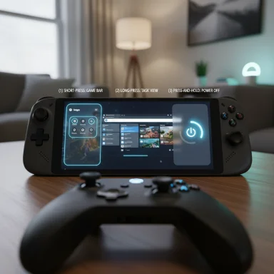 A handheld gaming console lies on a table, showing a menu, with a controller in the foreground.