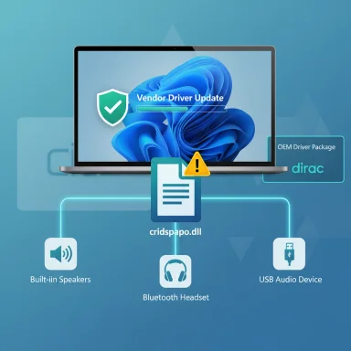 Laptop shows a Vendor Driver Update in progress with connected audio devices.