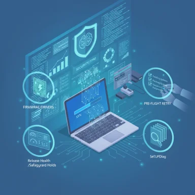 Blue, futuristic cybersecurity dashboard around a laptop with holographic firmware/diagnostic panels.