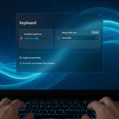 Laptop screen shows a blue-themed keyboard settings panel with a brightness slider.