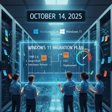 A team in a futuristic data center presents a Windows 11 migration plan.