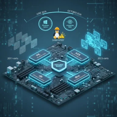 Futuristic motherboard diagram showing Secure Boot with PK/KEK/db keys and a Linux Shim expiry icon.